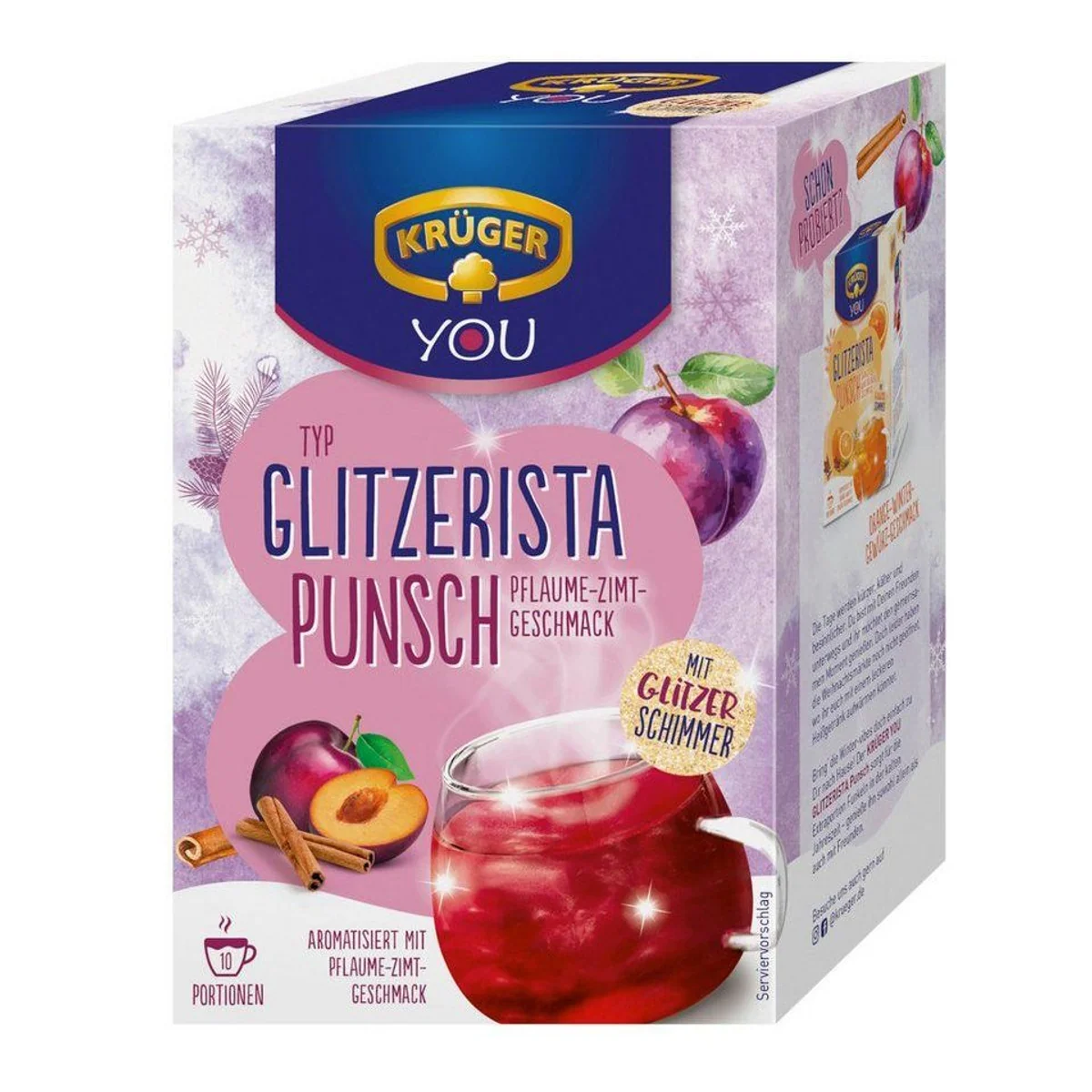 Krüger Glitzerista Punsch Pflaume Zimt, fruchtig-würziges Heißgetränk mit Glitzer-Effekt – 10 x 20g