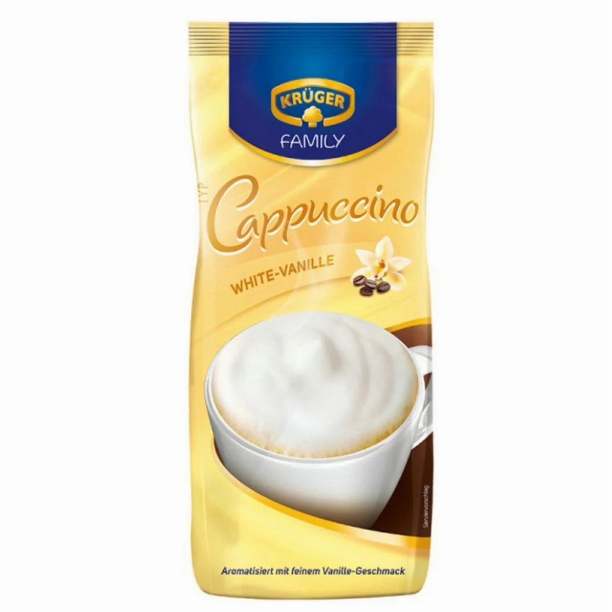 Krüger Family Cappuccino White 500g, cremiger Genuss, schnelle Zubereitung, aromatische Kaffeekomponente